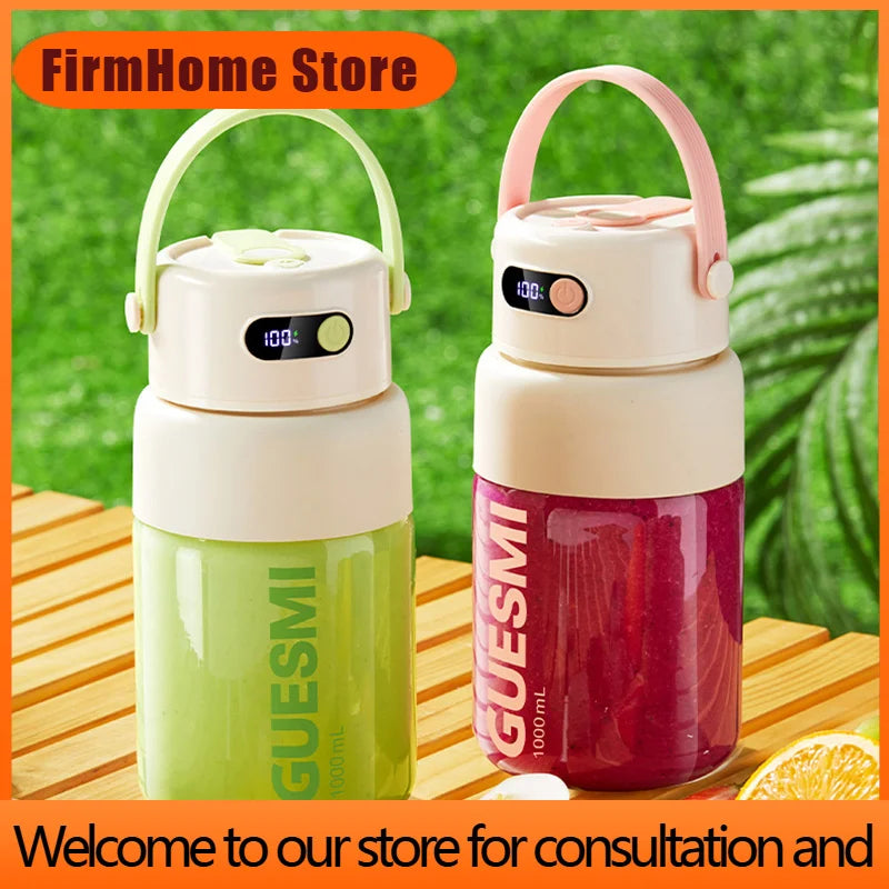 Two portable electric water bottles with digital temperature displays and carrying handles, shown on a wooden table with a blurred green garden background. One bottle is light green and the other is filled with red juice, both branded GUESMI.