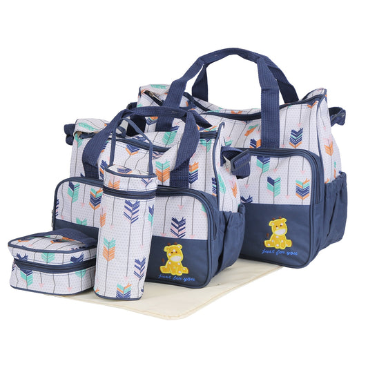 
5-piece baby diaper bag set with changing pad, bottle bag, food bag, and travel tote for parents.









