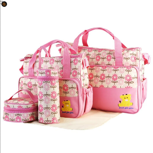 5-piece baby diaper bag set with nappy shoulder bag, changing pad, and insulated pockets for trave