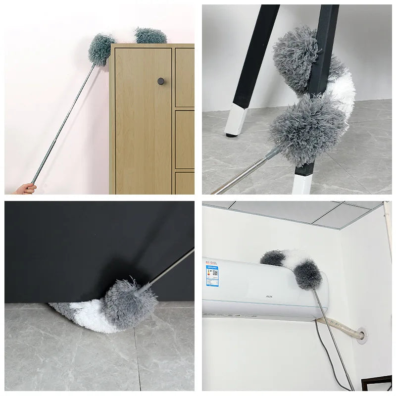 Collage of a duster cleaning various surfaces including a door, floor, and air conditioner.