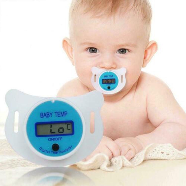 Baby pacifier digital thermometer with easy-to-read display for convenient temperature monitoring of infants and young children.