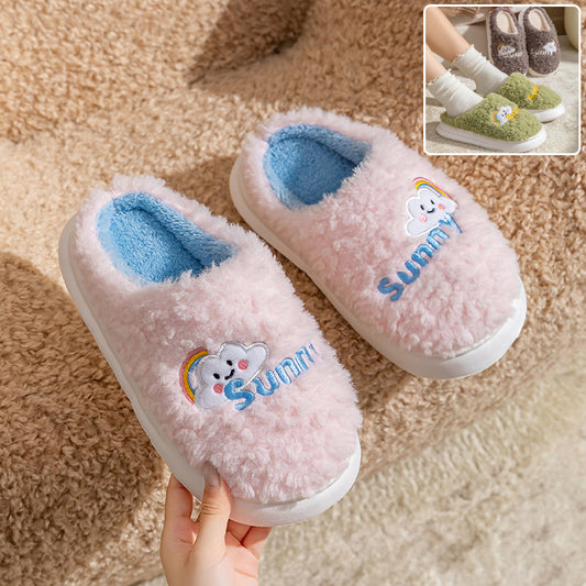 Cute cartoon cotton slippers for women and men with thick soles for warm and comfortable indoor home wear.