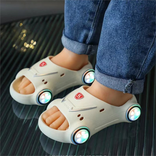 Kids glowing cartoon car slippers with anti-slip sole for boys and girls