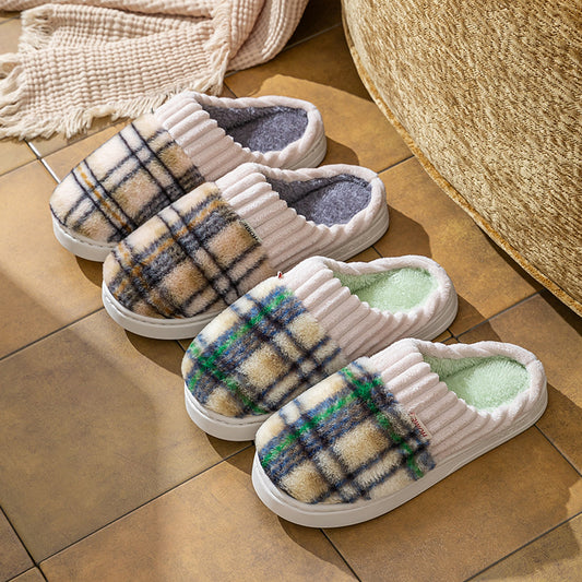 Plaid plush slippers for women and men with soft warm lining and non-slip soles for indoor home wear.