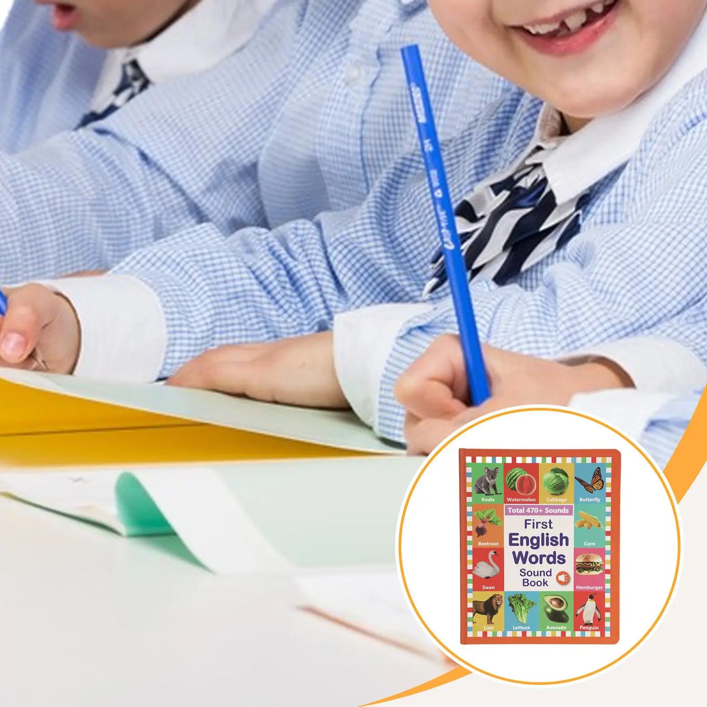 Children in blue checkered school uniforms writing at a desk, with a circular inset showing the cover of a children's book titled 'First English Words Sound Book'.