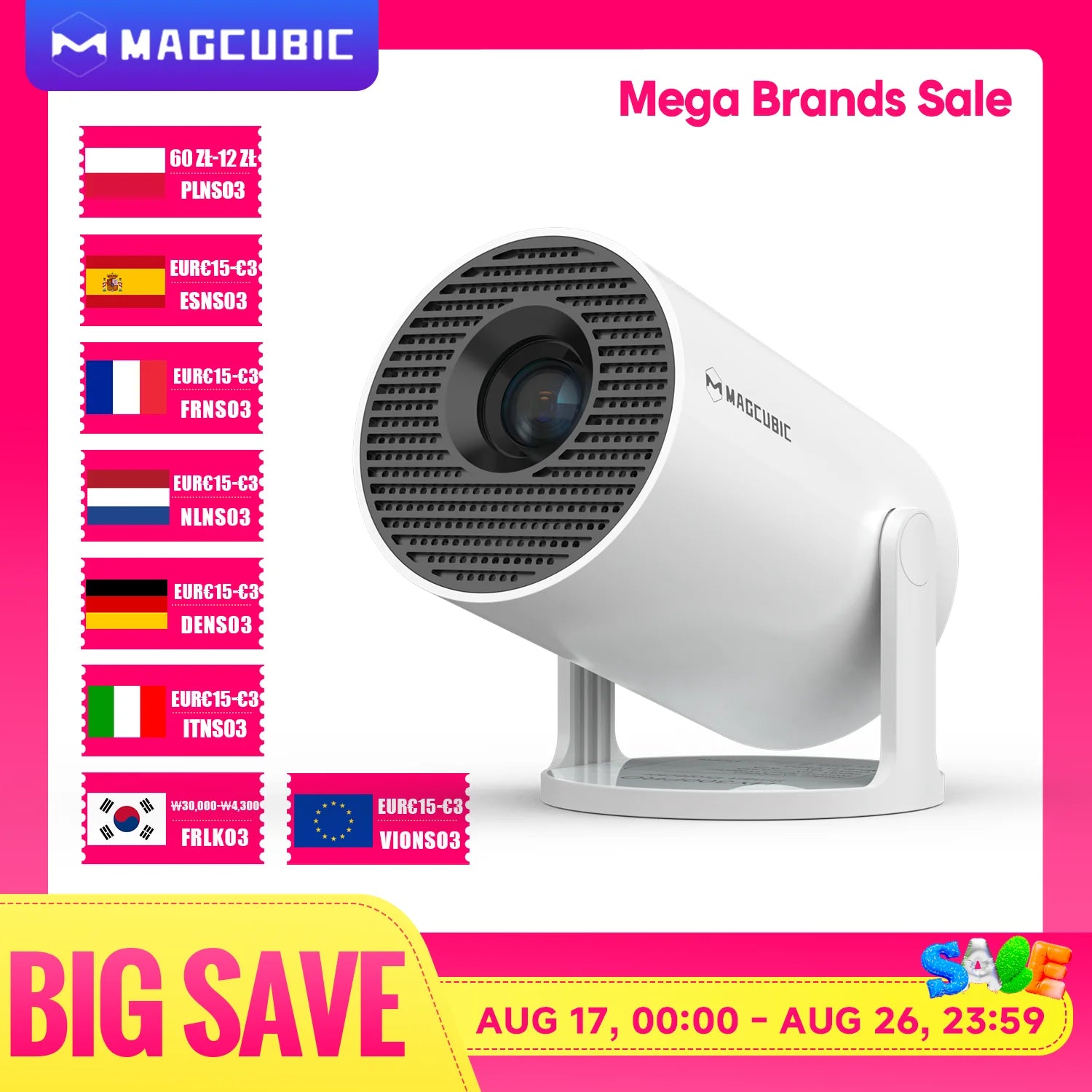A white MAGCUBIC projector shown on a white background with a pink promotional border, 'Mega Brands Sale' text, a list of included countries on the left, and 'BIG SAVE' banner at the bottom.