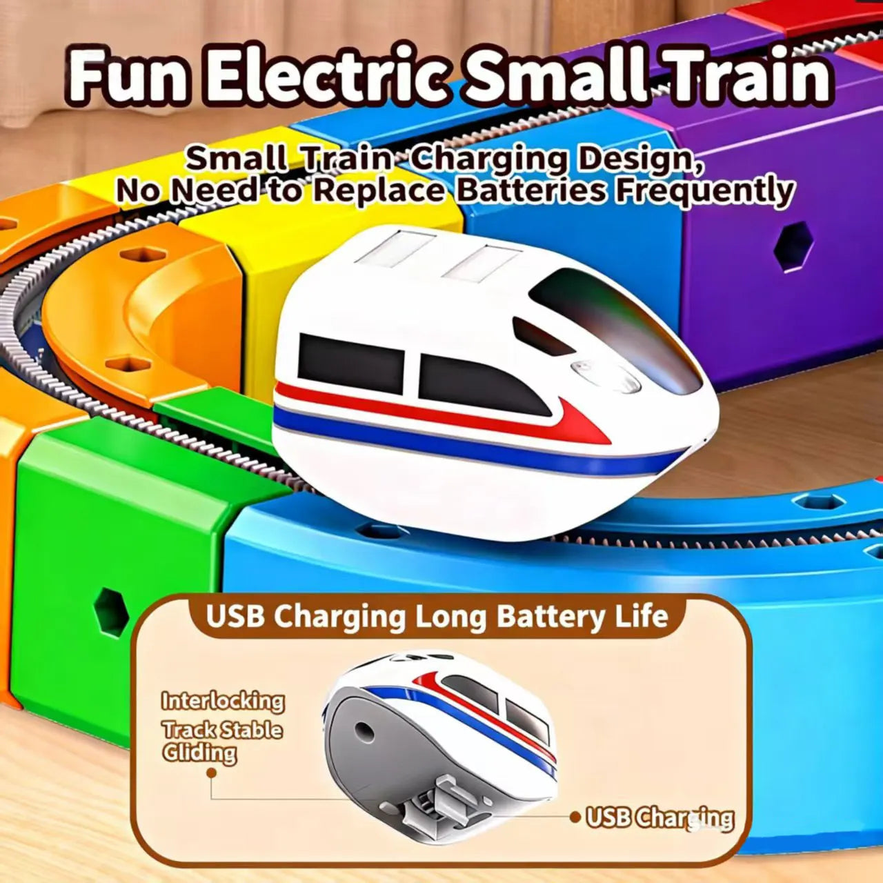 A colorful toy electric train set with a white, red, and blue high-speed train model shown on interlocking curved tracks. The image includes promotional text reading 'Fun Electric Small Train' and 'USB Charging Long Battery Life,' plus callout details about tracking and USB charging.