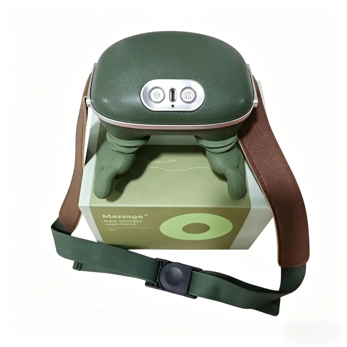 Green massage device with brown strap on a white background