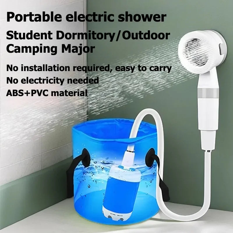 Portable electric shower with blue bucket and white handheld showerhead on a green wall background.